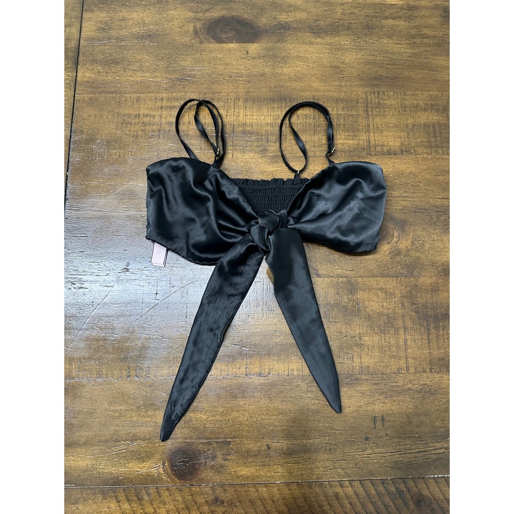 Victoria's Secret Black Satin Bow Bandeau Top Smocked Back Small